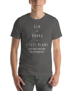 Unisex t-shirt with the recipe for a Vesper cocktail on it.