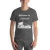 Unisex t-shirt that says "Welcome to Liverpool" on it with a black and white picture of a building in Liverpool.