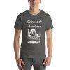 Unisex t-shirt that says "Welcome to Bradford" on it with a black and white picture of a building in Bradford.