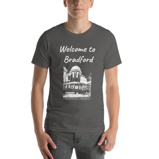 Unisex t-shirt that says "Welcome to Bradford" on it with a black and white picture of a building in Bradford.