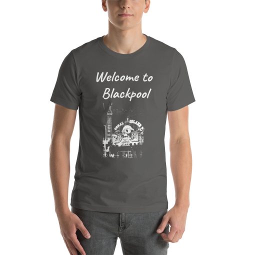 Unisex t-shirt that says "Welcome to Blackpool" on it with a black and white picture of a building in Blackpool.