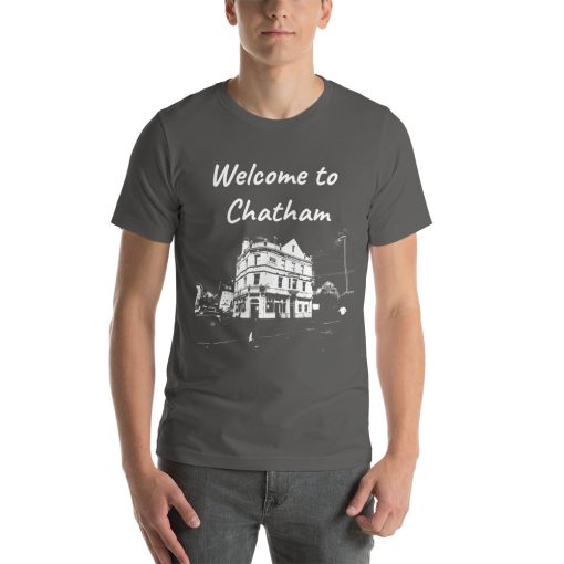 Unisex t-shirt that says "Welcome to Chatham" on it with a black and white picture of a building in Chatham.