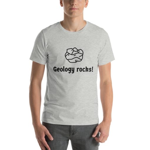 Unisex t-shirt with a picture of a rock on it. Underneath it says "Geology Rocks!"