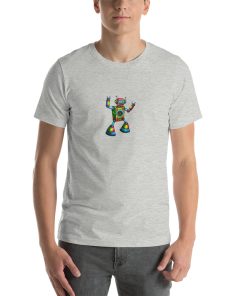 Unisex t-shirt with a picture of a colourful robot dancing.