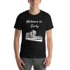 Unisex t-shirt that says "Welcome to Corby" on it with a black and white picture of a building in Corby.