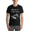 Unisex t-shirt that says "Welcome to Great Tosson" on it. Underneath is a picture of a landmark from Great Tosson.