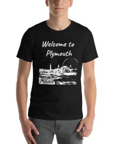 Unisex t-shirt that says "Welcome to Plymouth" on it. Underneath is a picture of a landmark from Plymouth.