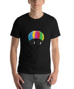 Unisex t-shirt with a picture of a clown wig and sunglasses.