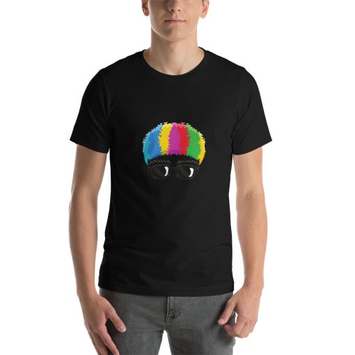 Unisex t-shirt with a picture of a clown wig and sunglasses.