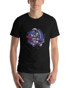 Unisex t-shirt with a picture of an astronaut riding a rocket.