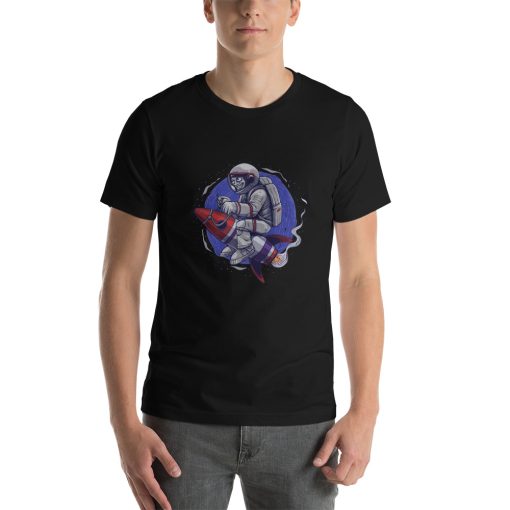 Unisex t-shirt with a picture of an astronaut riding a rocket.