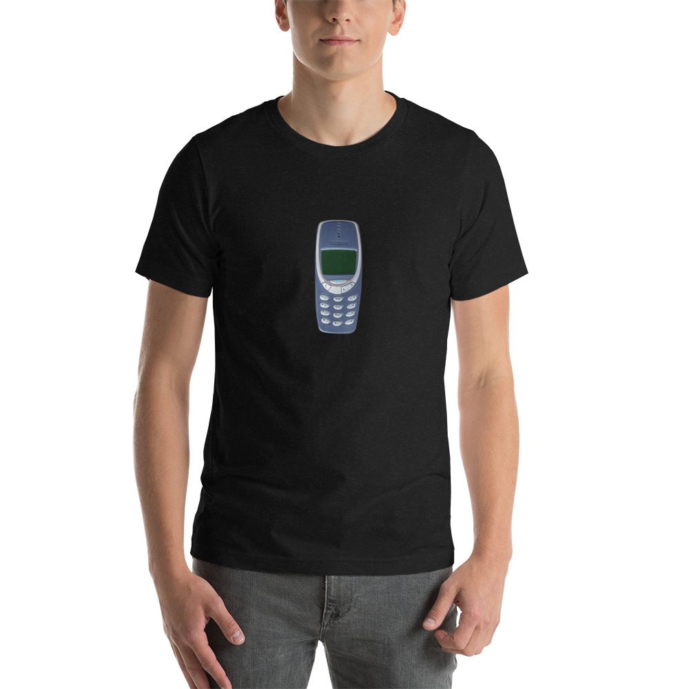 Unisex t-shirt with an old Nokia phone on it.