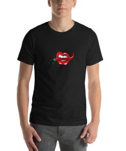 Unisex t-shirt with a picture of a mouth biting a chili.