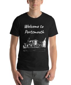 Unisex t-shirt that says "Welcome to Portsmouth" with a picture of a landmark from Portsmouth.