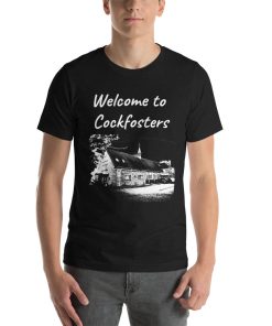 Unisex t-shirt that says "Welcome to Cockfosters" on it with a picture of a landmark from Cockfosters.