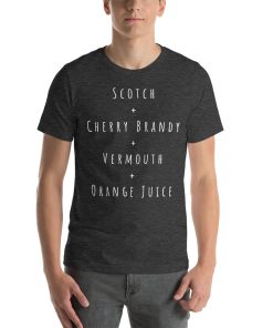 Unisex t-shirt with the recipe for a Blood and Sand cocktail on it.