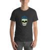 Unisex t-shirt with a picture of a skull wearing a backwards cap and sunglasses.