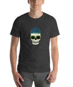 Unisex t-shirt with a picture of a skull wearing a backwards cap and sunglasses.