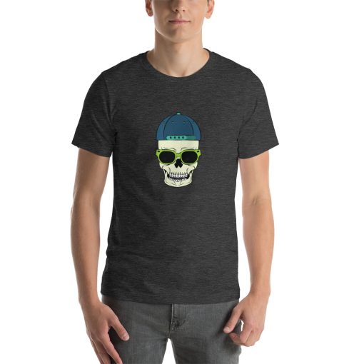 Unisex t-shirt with a picture of a skull wearing a backwards cap and sunglasses.