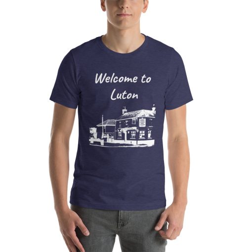 Unisex t-shirt that says "Welcome to Lutn" on it with a black and white picture of a building in Luton.