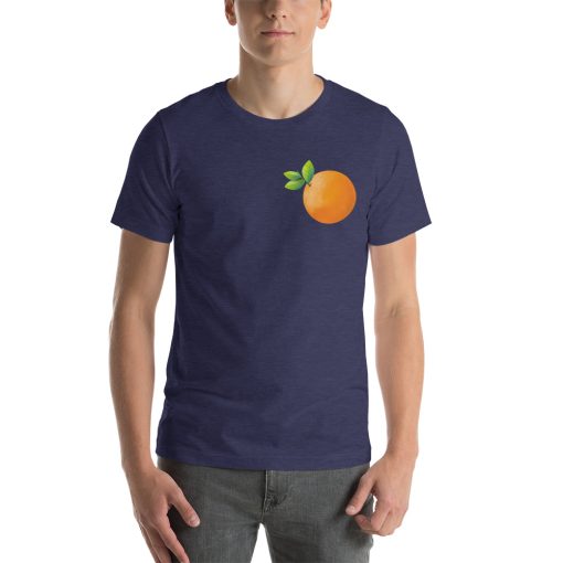 Unisex t-shirt with a picture of an orange on it.