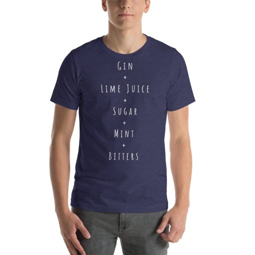 Unisex t-shirt with the ingredients for a Southside cocktail on it.