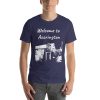 Unisex t-shirt that says "Welcome to Accrington" with a picture of a landmark from Accrington.