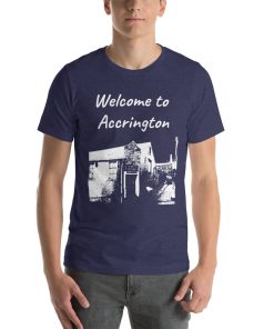 Unisex t-shirt that says "Welcome to Accrington" with a picture of a landmark from Accrington.