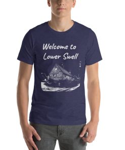 Unisex t-shirt that says "Welcome to Lower Swell" on it. Underneath is a picture of a landmark from Lower Swell.