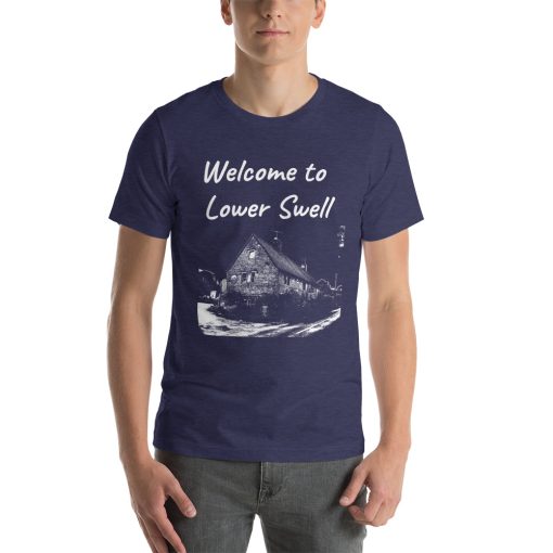 Unisex t-shirt that says "Welcome to Lower Swell" on it. Underneath is a picture of a landmark from Lower Swell.