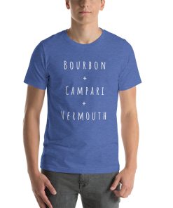 Unisex t-shirt with the recipe for a Boulevardier cocktail on it.