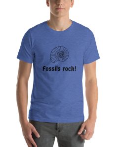 Unisex t-shirt with a picture of a fossil on it. Underneath it says "Fossils Rock!"