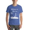 Unisex t-shirt that says "Welcome to Barking" with a picture of a landmark from Barking.