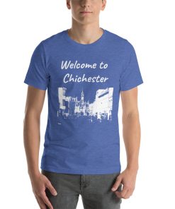 Unisex t-shirt that says "Welcome to Chichester" on it with a picture of a landmark from Chichester.