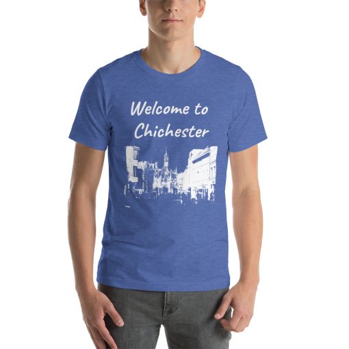 Unisex t-shirt that says "Welcome to Chichester" on it with a picture of a landmark from Chichester.