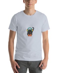 Unisex t-shirt with a picture of a cat playing video games on it.