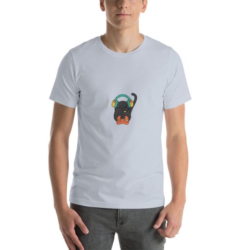 Unisex t-shirt with a picture of a cat playing video games on it.