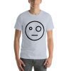 Unisex t-shirt with a picture of a typical smiley face however the smile is a straight line and one eye is bigger than the other.