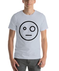 Unisex t-shirt with a picture of a typical smiley face however the smile is a straight line and one eye is bigger than the other.