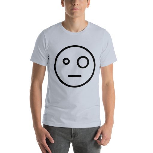 Unisex t-shirt with a picture of a typical smiley face however the smile is a straight line and one eye is bigger than the other.