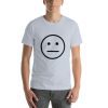 Unisex t-shirt with a face in a neutral expression.