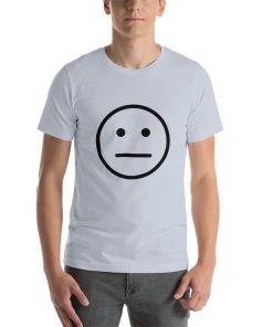 Unisex t-shirt with a face in a neutral expression.