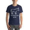 Unisex t-shirt with a picture of a donkey on it. Underneath it says "Donkeys are jerks."