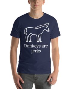 Unisex t-shirt with a picture of a donkey on it. Underneath it says "Donkeys are jerks."