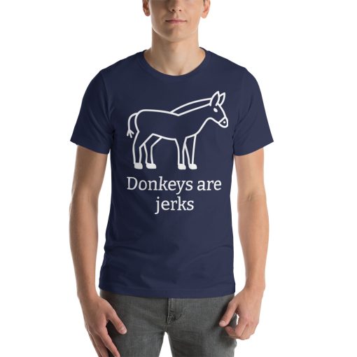 Unisex t-shirt with a picture of a donkey on it. Underneath it says "Donkeys are jerks."