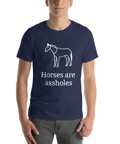 Unisex t-shirt with a picture of a horse on it. Underneath it says "Horses are assholes."