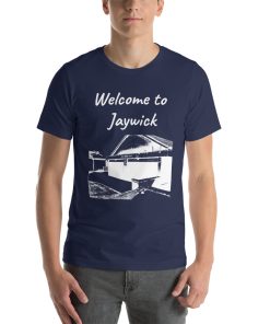 Unisex t-shirt that says "Welcome to Jaywick" on it with a black and white picture of a building in Jaywick.