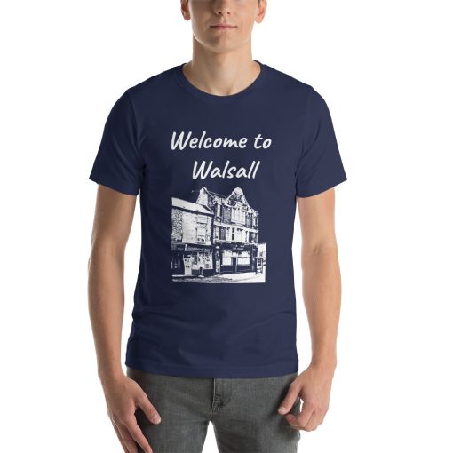 Unisex t-shirt that says "Welcome to Walsall" with a picture of a landmark from Walsall.