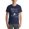 Unisex t-shirt that says "Welcome to Axminster" on it with a picture of a landmark from Axminster.