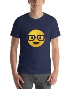 Unisex t-shirt with a picture of a smiley face wearing thick rimmed glasses.